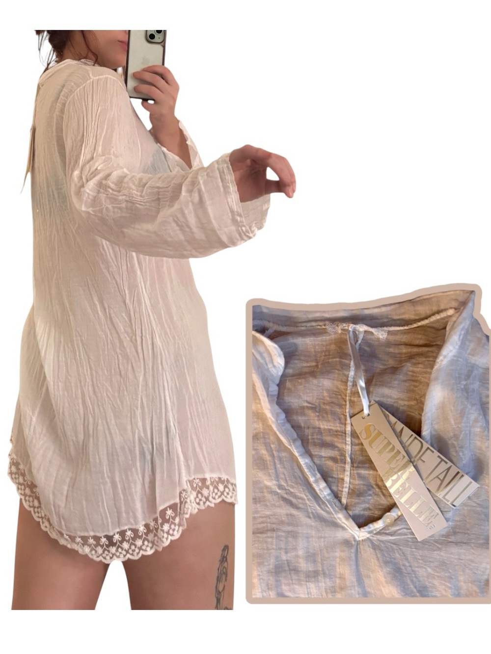 Super Belle Paris White Boho Lace Hem Tunic Shirt Dress Plus Size NWT